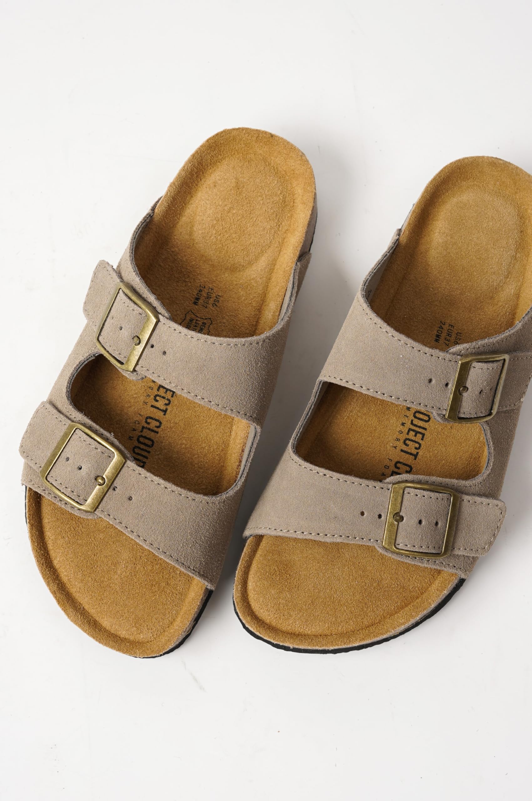 Project Cloud 100% Genuine Leather Flat Sandals For Women 2026 Cork Footbed Womens Sandals with Memory Foam and arch support Vacation Essentials Slides for Women Footwear (Venita, greysu, 11)
