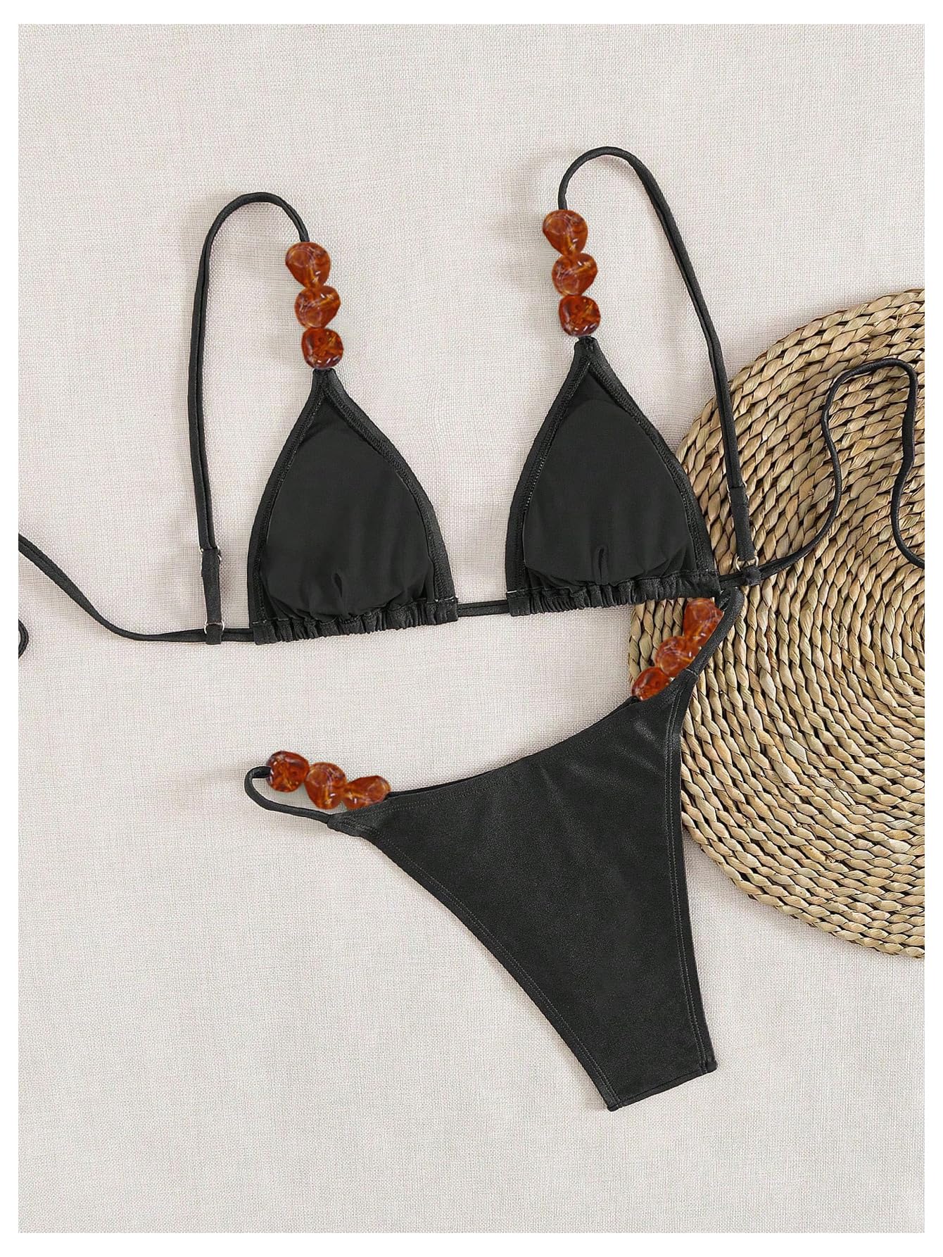 OYOANGLE Women's Triangle Thong Beaded Bikini Set 2 Piece String High Cut Swimsuits Bathing Suits Black X-Small