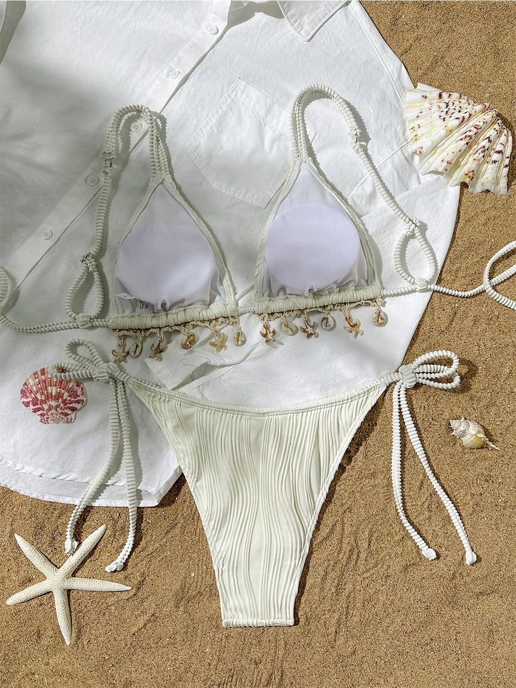 BIKINX Triangle Bikini Sets for Women Seashell Halter Swimsuit Tie Back Two Piece Bathing Suit String Swimwear Beige