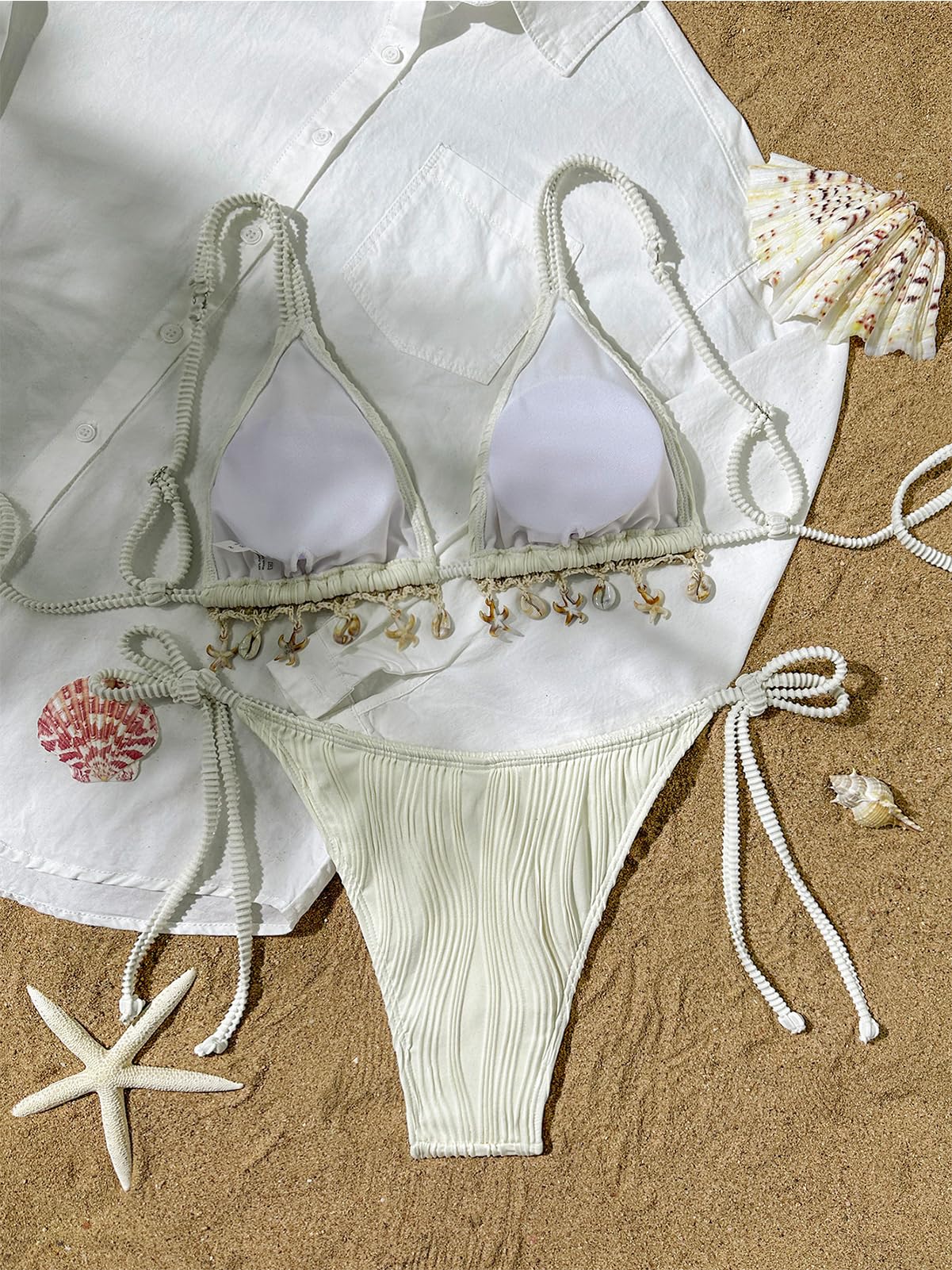 BIKINX Triangle Bikini Sets for Women Seashell Halter Swimsuit Tie Back Two Piece Bathing Suit String Swimwear Beige