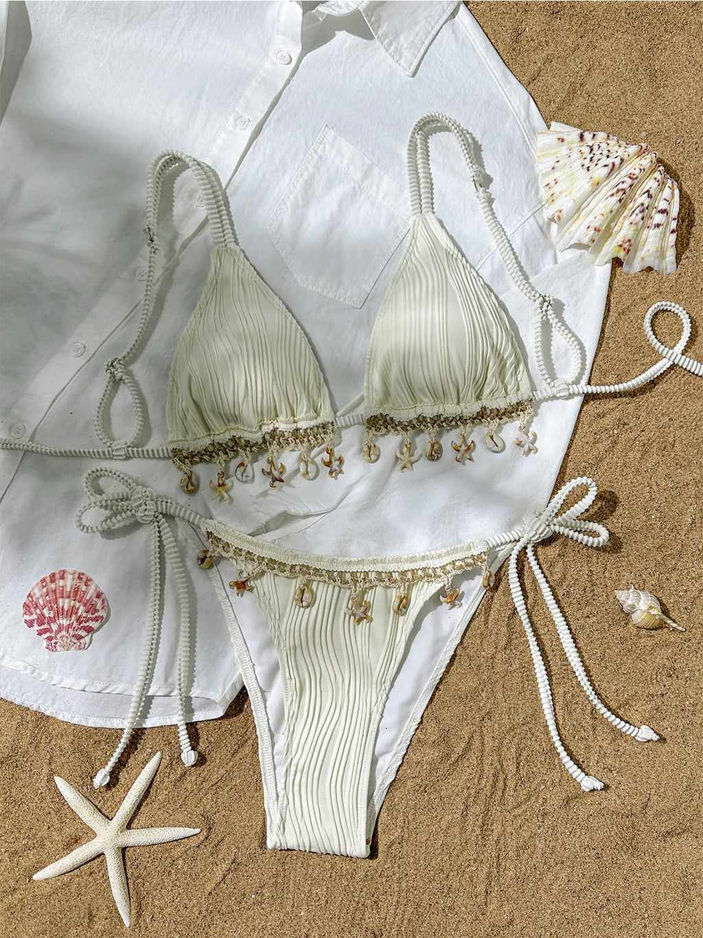 BIKINX Triangle Bikini Sets for Women Seashell Halter Swimsuit Tie Back Two Piece Bathing Suit String Swimwear Beige