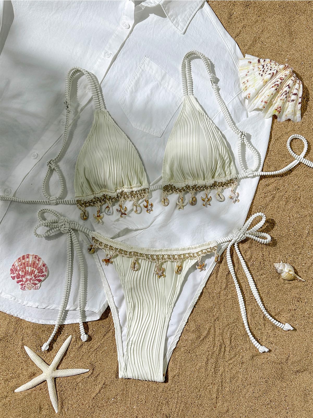 BIKINX Triangle Bikini Sets for Women Seashell Halter Swimsuit Tie Back Two Piece Bathing Suit String Swimwear Beige