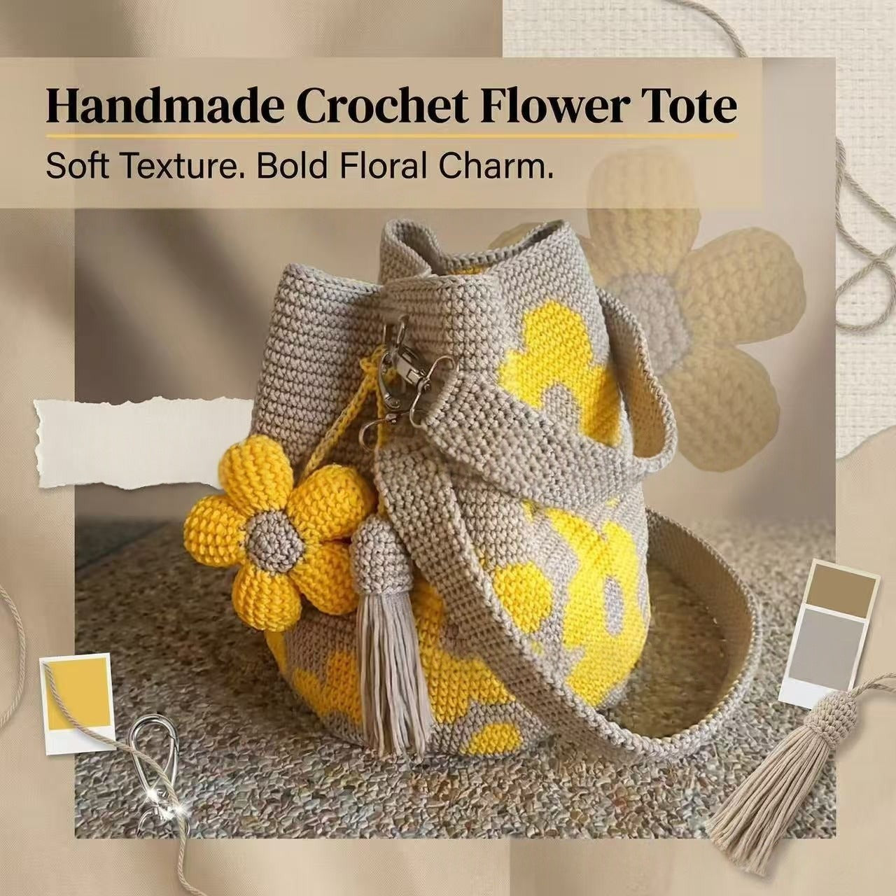 Handmade Crocheted Flower Tote Bag