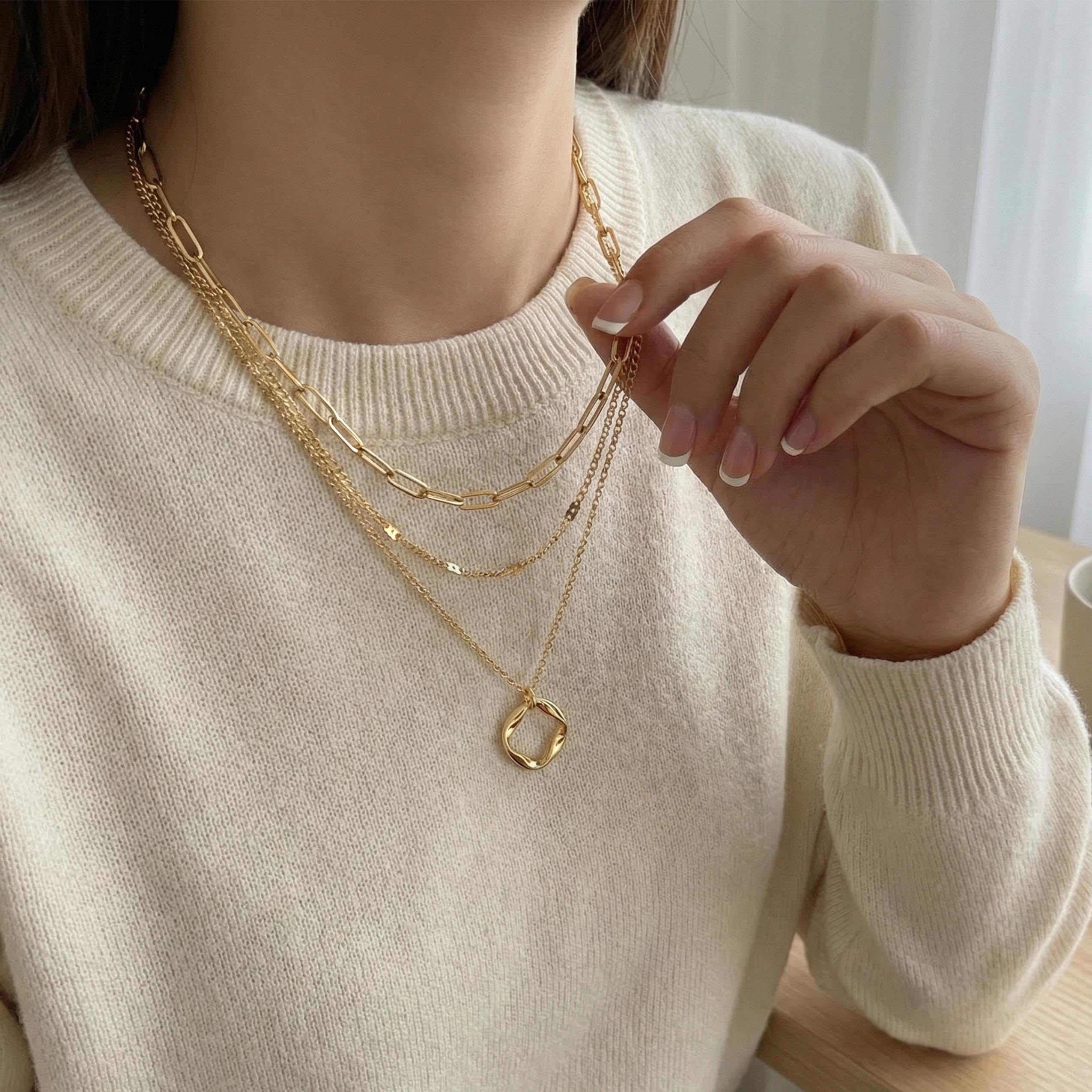 Layered Gold Necklaces for Women,14k Gold Plated Dainty Stackable Choker Necklaces for Women Trendy Layering Geometric Pendant Paperclip Dot Chain Necklace Set Jewelry Set Gifts