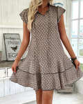 Printed V-neck Dress with Lace-up and Flutter Sleeves