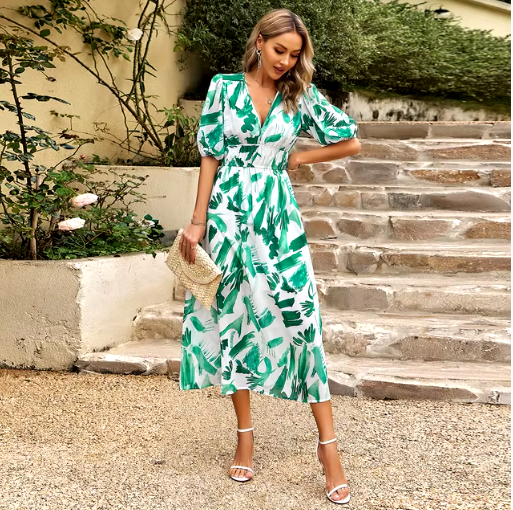 V-Neck Printed Slim-Fit Beach Maxi Dress