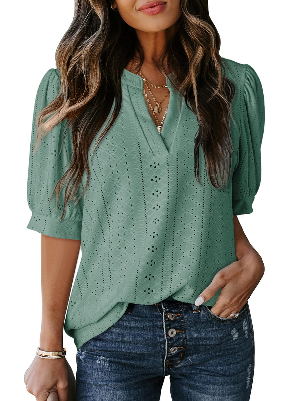 Dokotoo V-Neck Hollow Lace Blouse – Mist Green