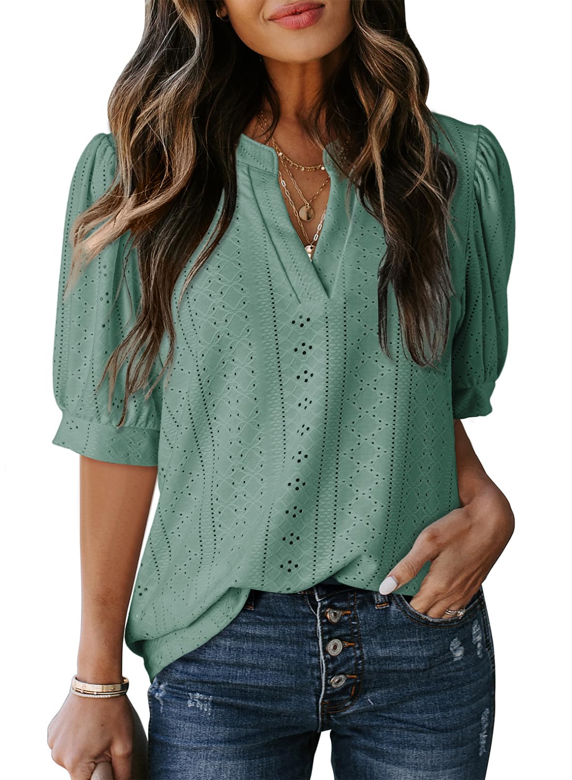Dokotoo V-Neck Hollow Lace Blouse – Mist Green